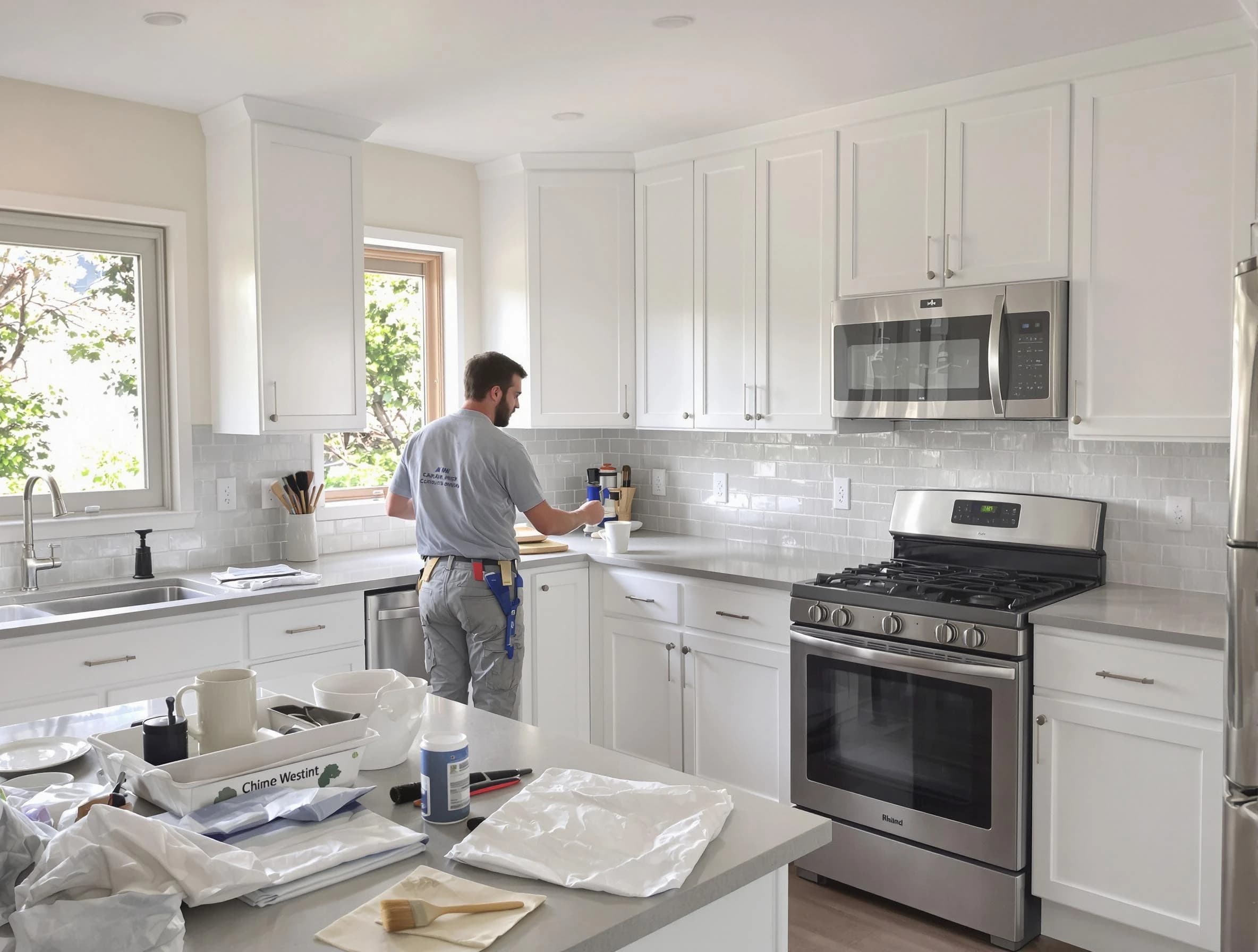 Painesville House Painters applying fresh paint on kitchen cabinets in Painesville