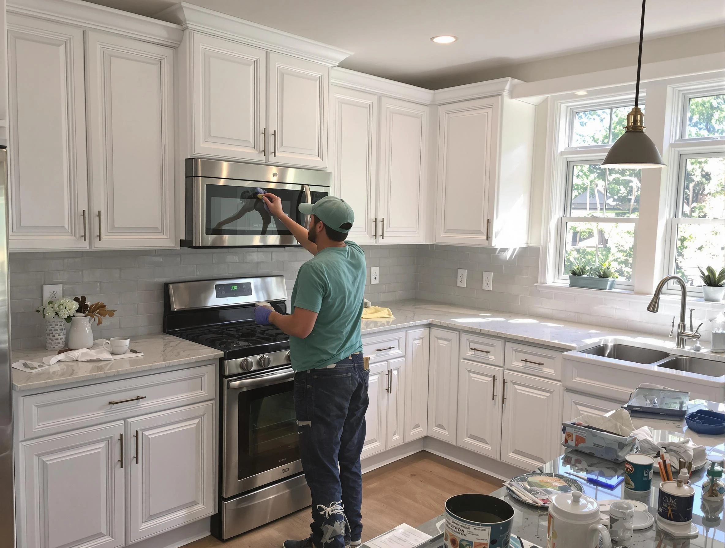 Kitchen cabinets being refinished by Painesville House Painters in Painesville, OH